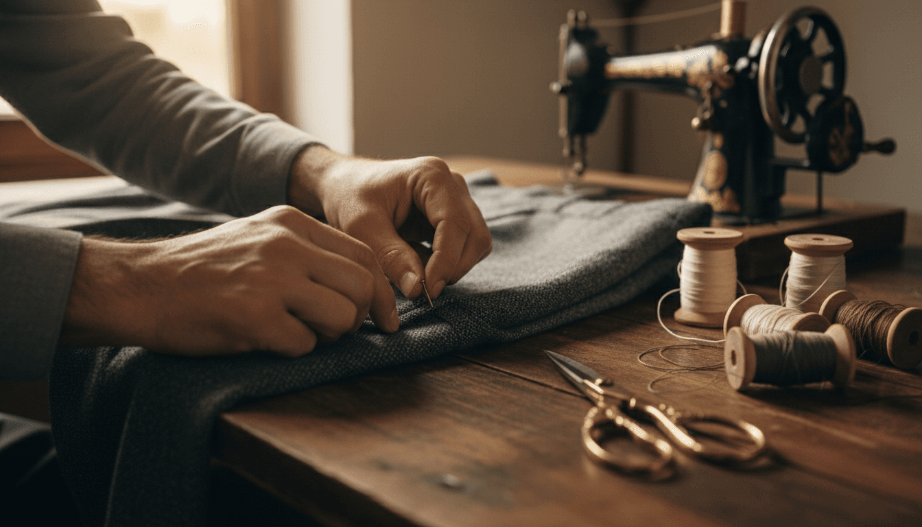 Tailor's hands pinning a trouser hem on a wooden worktable