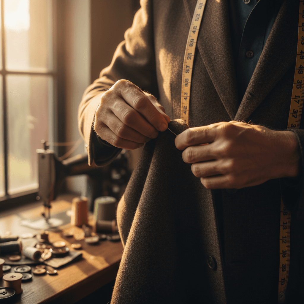 Tailor pinning a suit jacket shoulder during a fitting