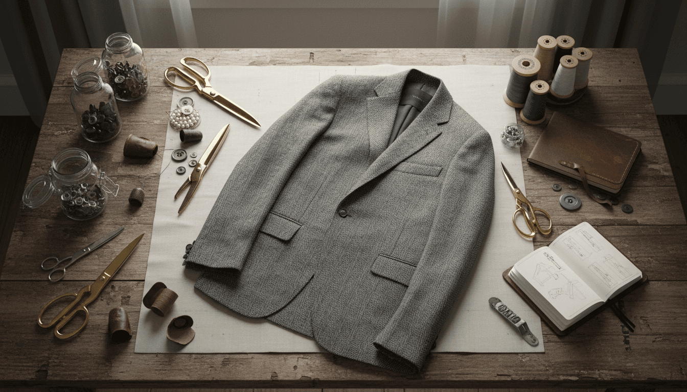 Tailor's workbench with fabric, scissors, and thread