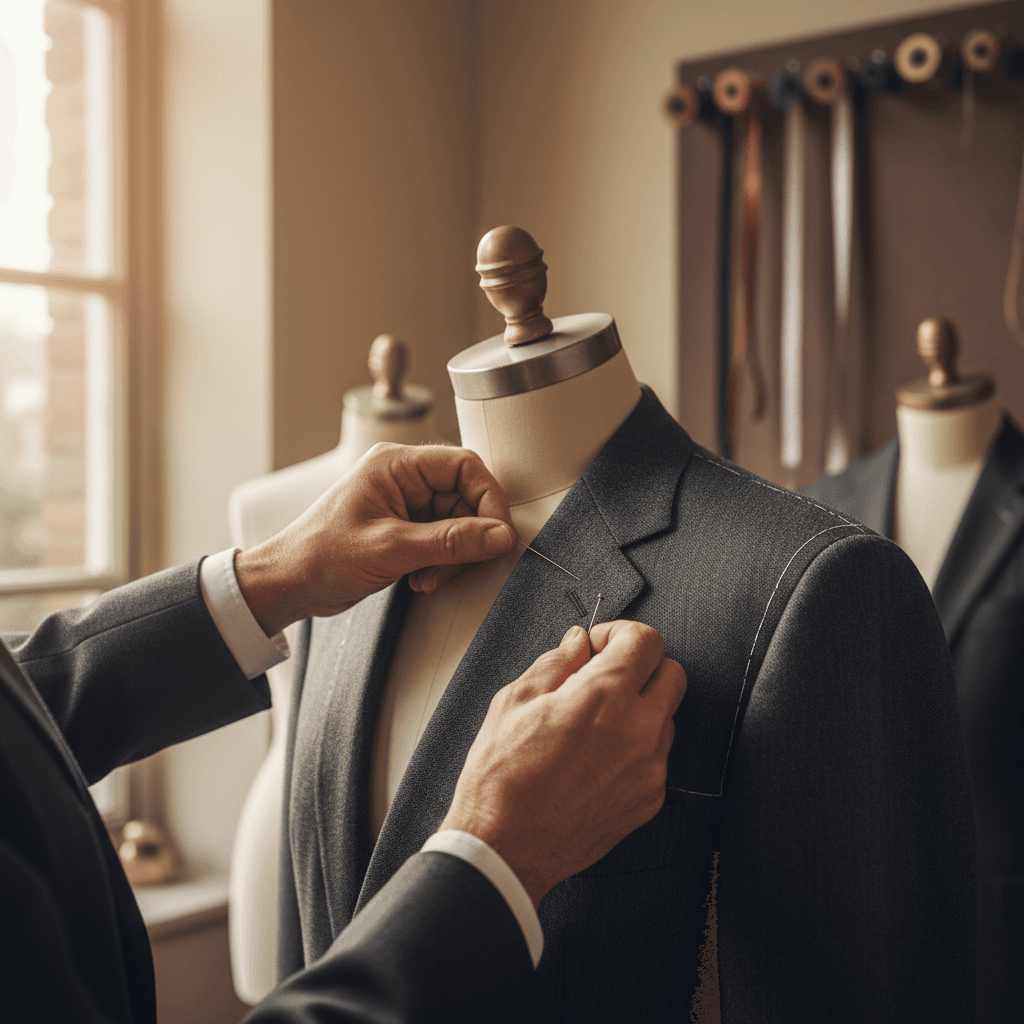 Tailor marking a suit jacket hem with chalk in a workshop