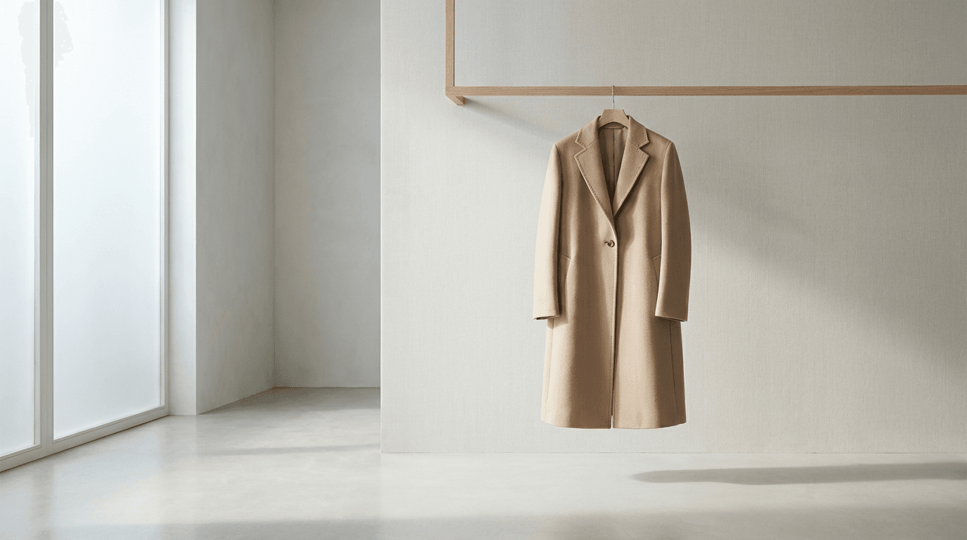 Tailored suit on a wooden hanger with a measuring tape draped over the shoulder