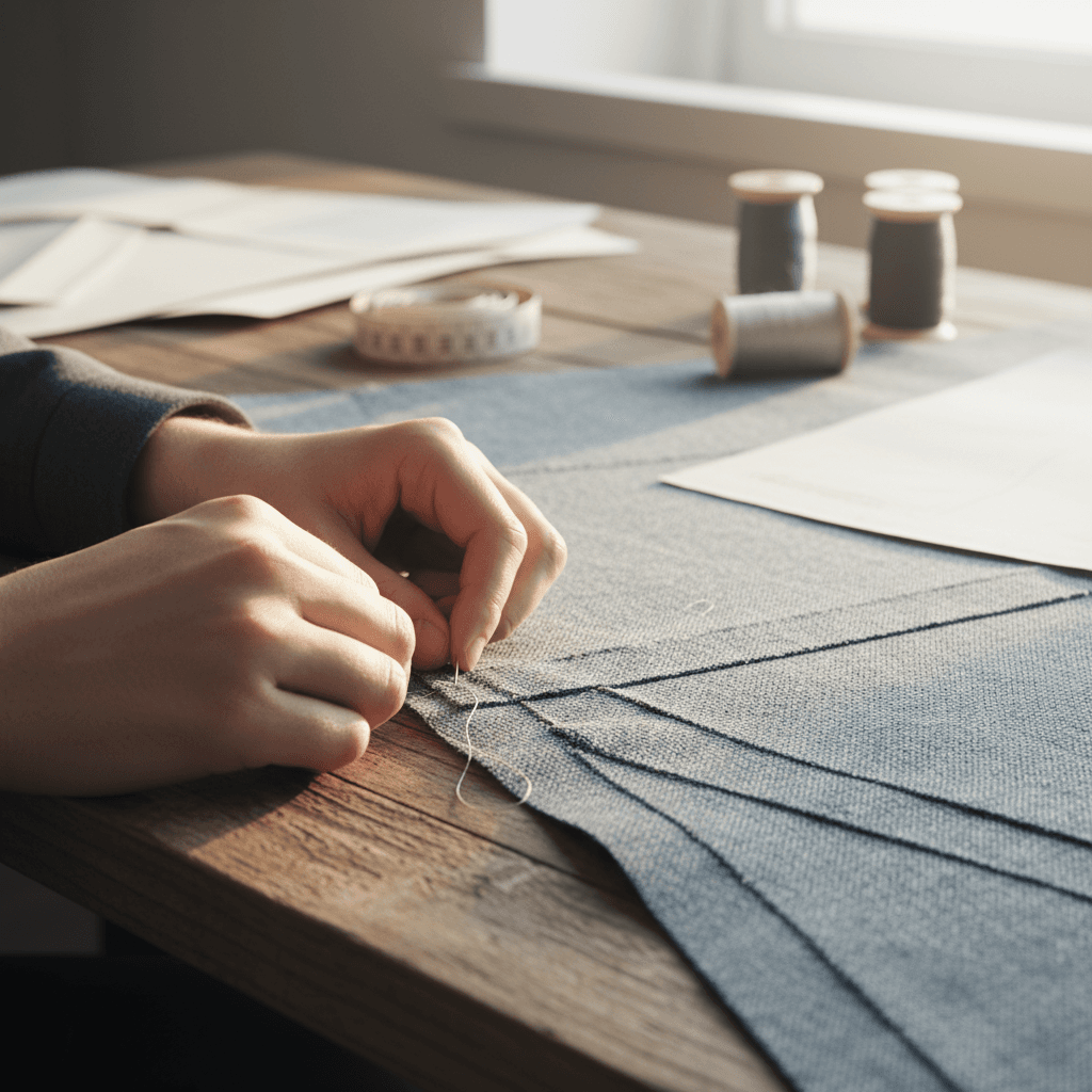 Tailor guiding fabric through a sewing machine