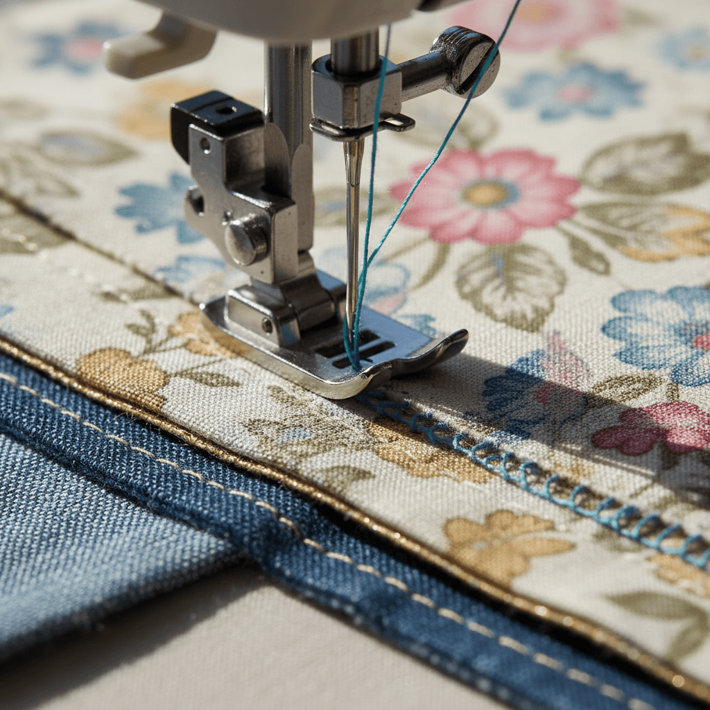 Sewing machine needle stitching trouser fabric