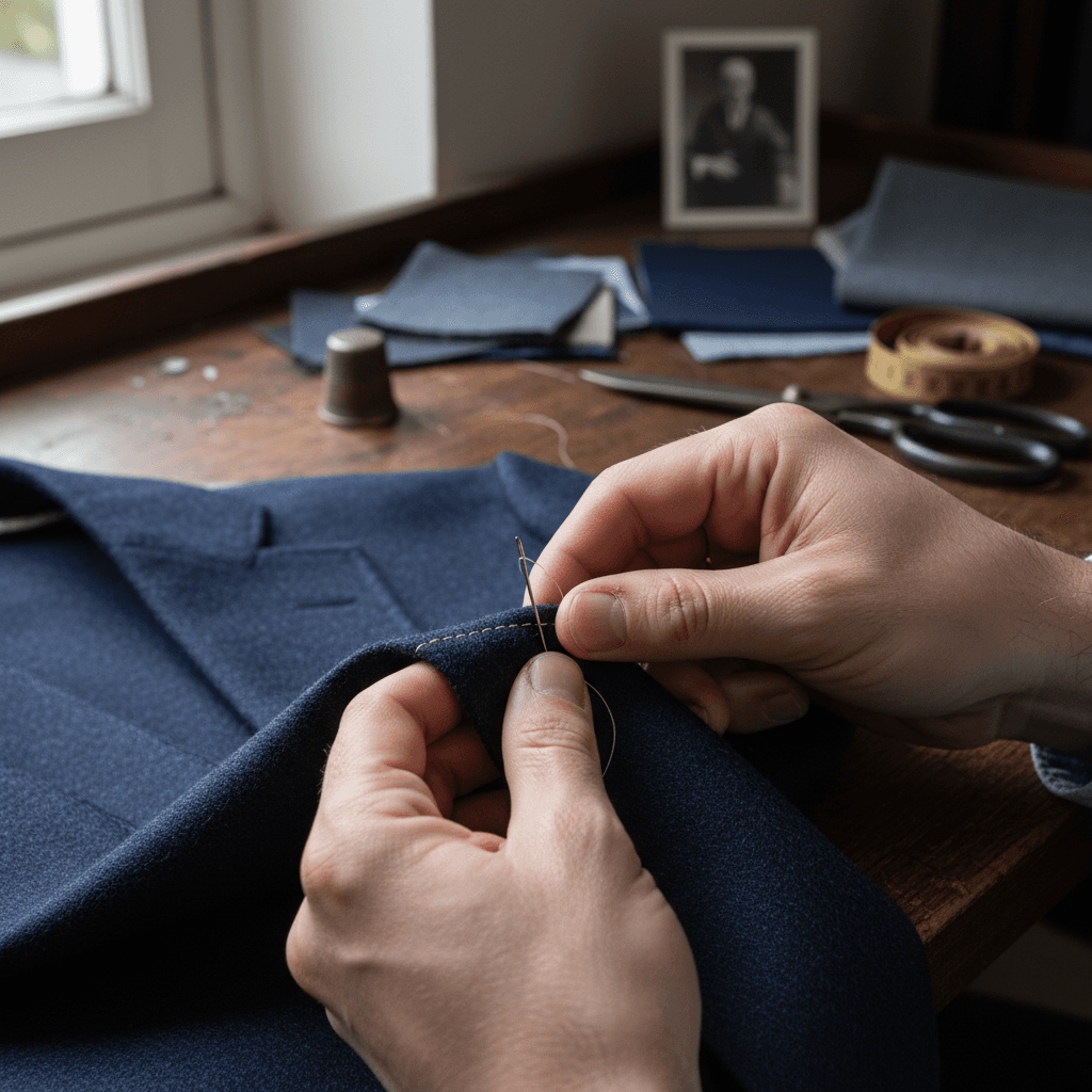 Hands guiding a new zipper into a denim jacket