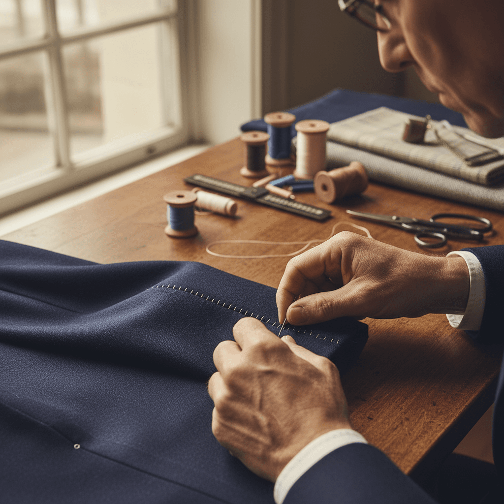 Tailor's hands threading a needle through a suit jacket cuff on a wooden worktable
