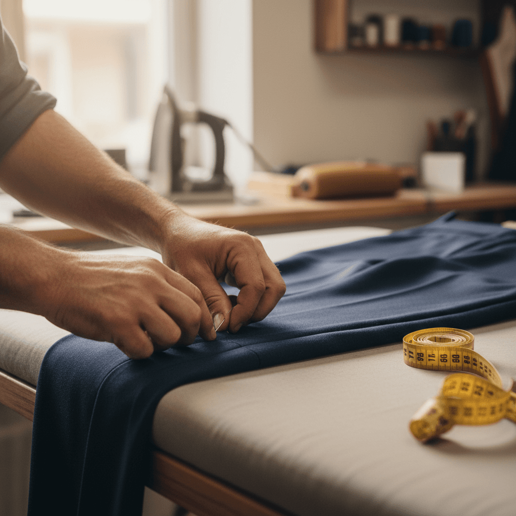 Tailor's hands pinning a trouser hem